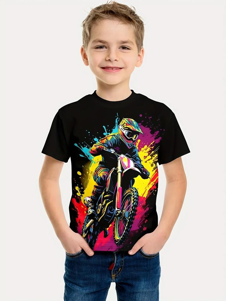 2024 Летняя детская одежда Мотоциклетный топ Детская футболка 3D-печать Короткие рукава Мальчики Девочки Свободные топы Уличная одежда Футболки