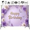 2D Lavender Floral Butterfly Happy Birthday Backdrop Purple Gold Party Photo Background