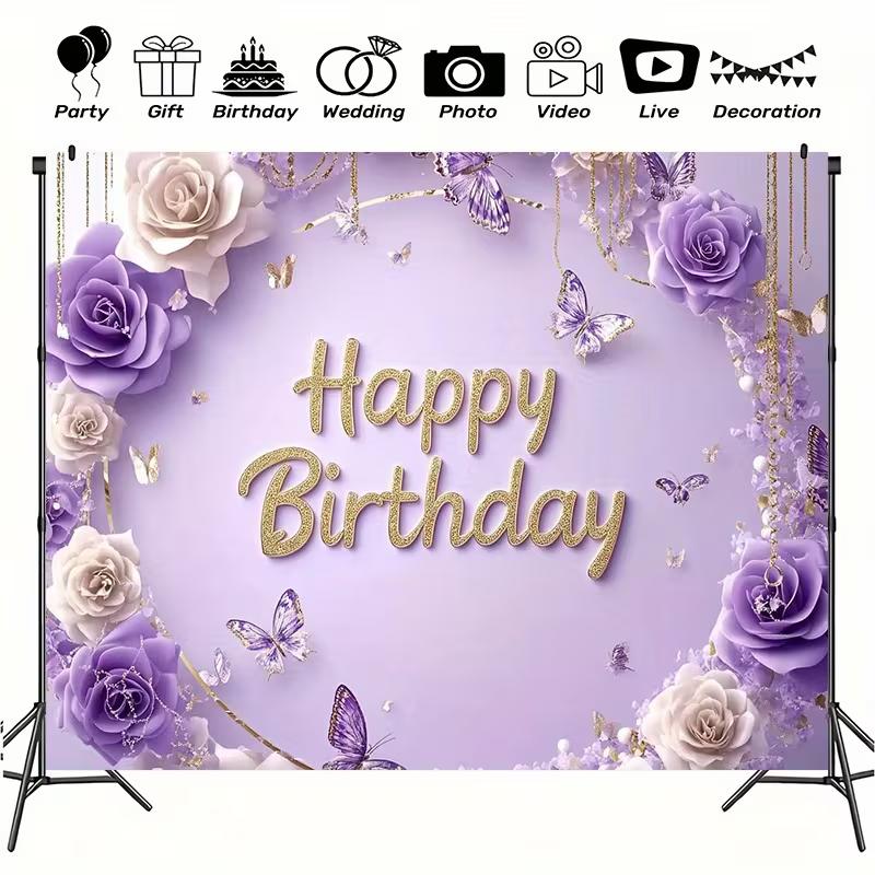 2D Lavender Floral Butterfly Happy Birthday Backdrop Purple Gold Party Photo Background