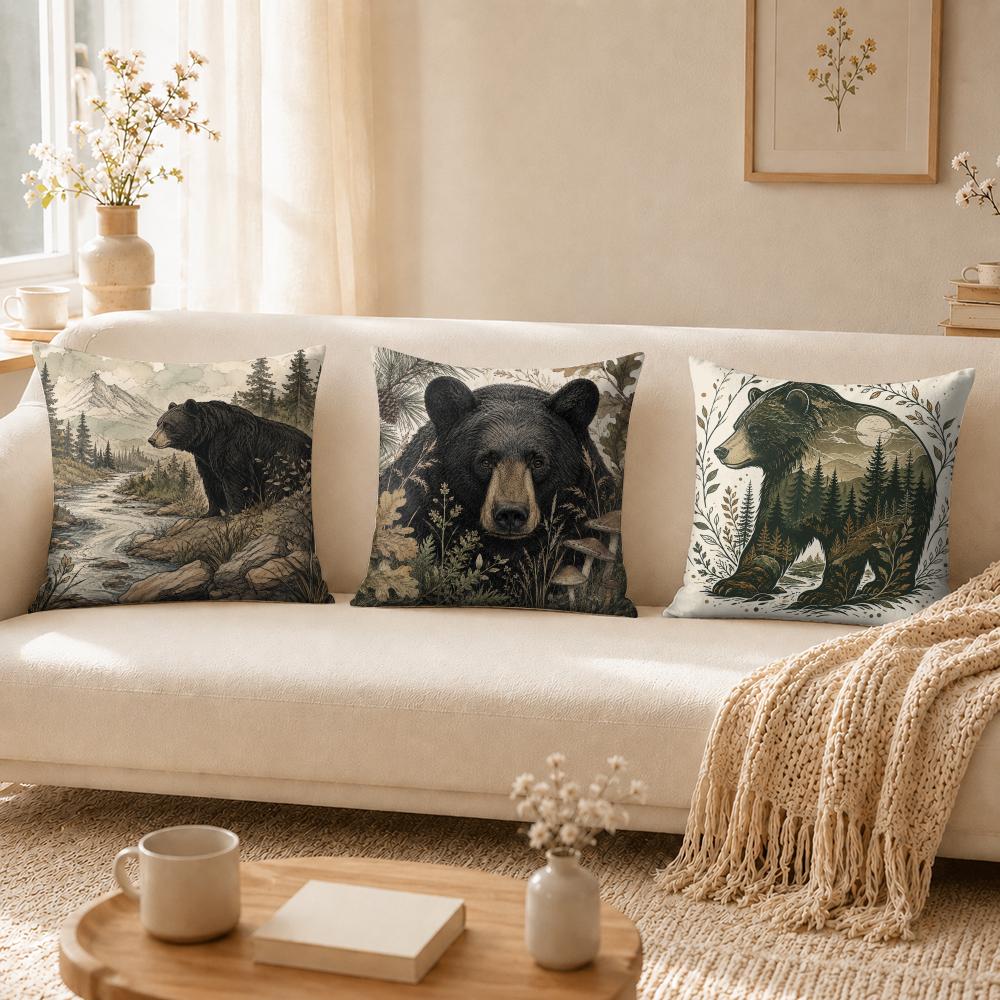 Vintage Black Bear Pillow Case Organic Short Plush Cushion Covers Breathable Washable WrinkleResistant
