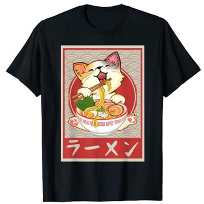 Кошка RaUnisex Миска Аниме Японская лапша Каваии Неко Девочки Подарок Футболка Харадзюку Y2k Мультяшная Графика Унисекс Эстетичная Одежда Футболки