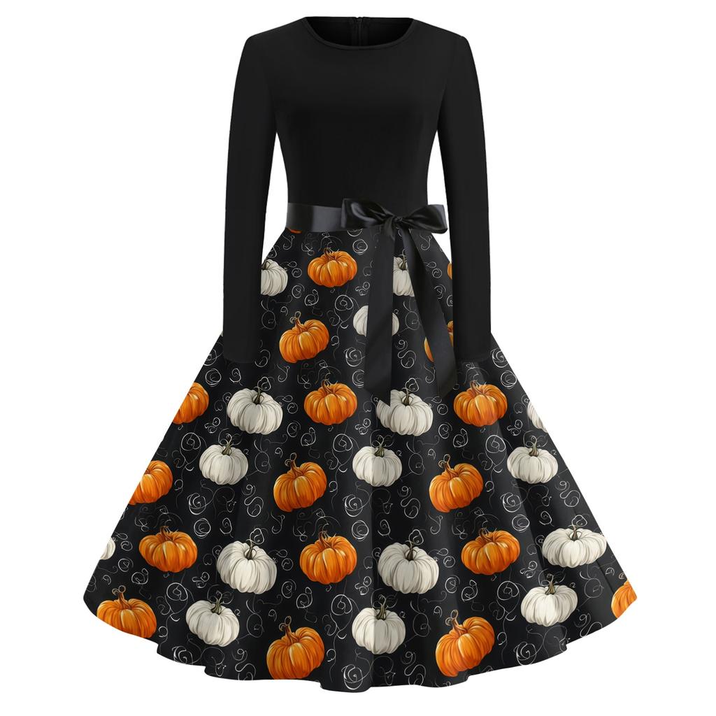 Women's Casual Vintage Halloween Print Dress Round Neck Long Sleeve Fit and Flare Retro Style Midi Dress with Waist Tie