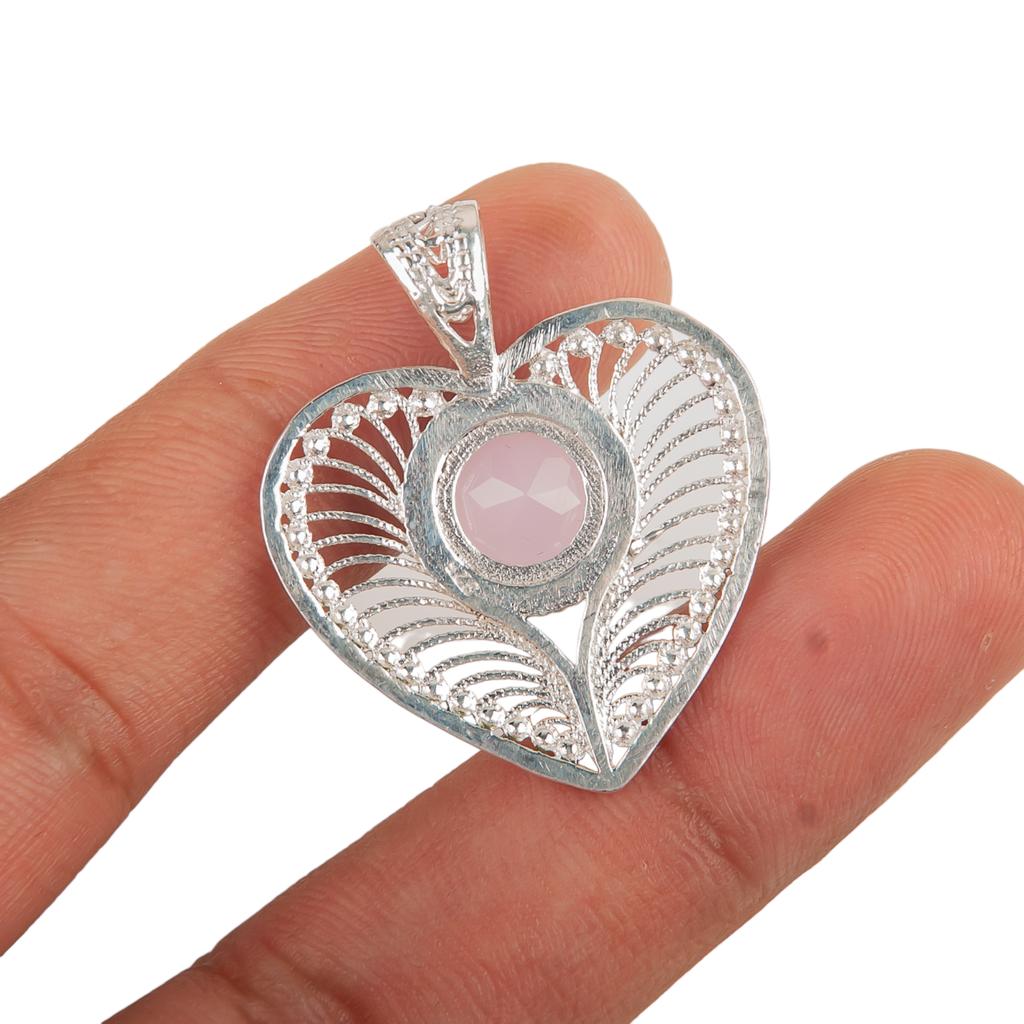 Rose Chalcedony Gemstone 925 Sterling Silver Jewelry Handmade Heart Pendant1.4" CP-15-16