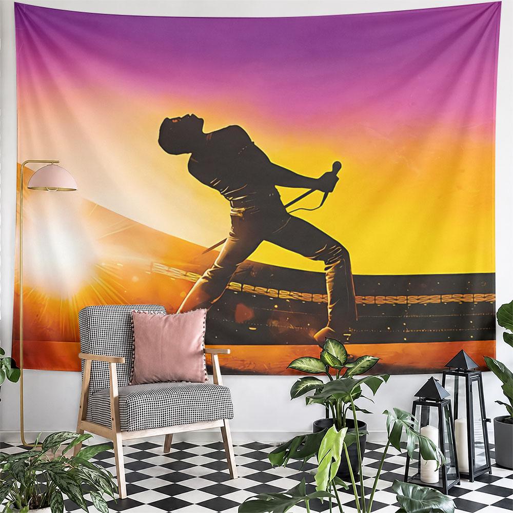 Silhouette of a performer with a microphone against a vibrant sunset. Patterned tapestry for bedroom and living room home decor