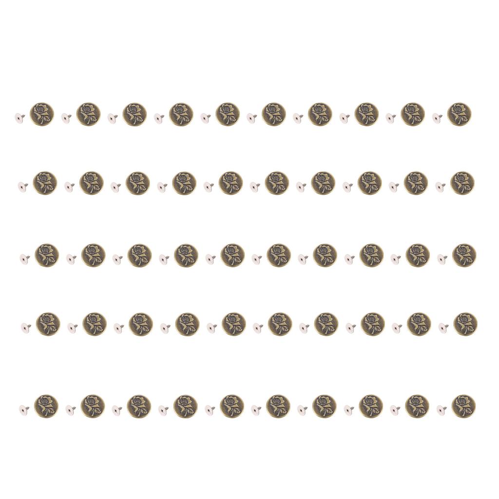 50 Set Pants Buttons No Sew Removable 17mm Rose Pattern Stainless Steel Antique Brass with 2x6.5mm P