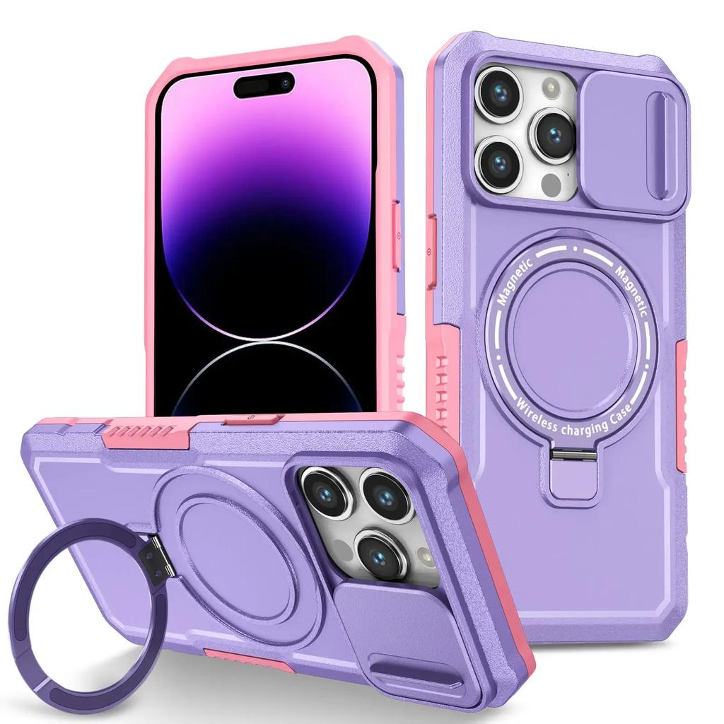 Чехол-подставка для iPhone 15 14 Pro Max Plus Сдвижная крышка камеры с невидимой подставкой Военная защита от падений Прочный магнитный чехол