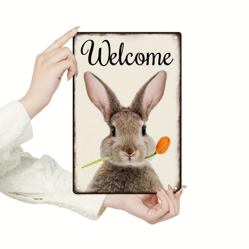 D Flat Welcome Metal Sign Vintage Rabbit Tin Plaque Wall Art Decor For Home Garden Bedroom Office Farm X Inches