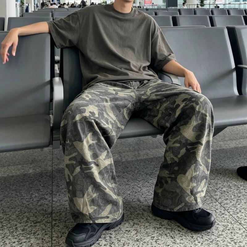 Retro Washed Camo Wide Leg Jeans Men Women Loose Fit High Waist Denim Pants Casual Streetwear