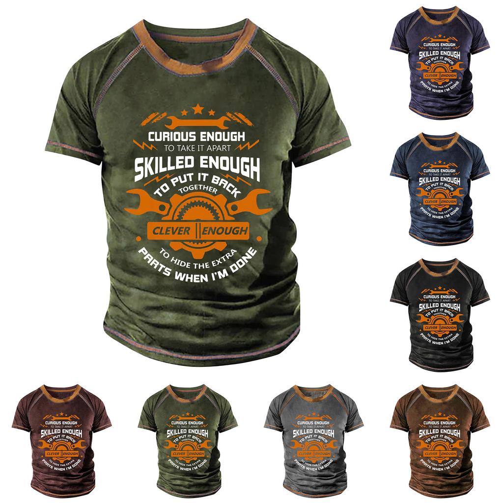 Мужская футболка реглан в стиле ретро с коротким рукавом и круглым вырезом с буквенным принтом, топы