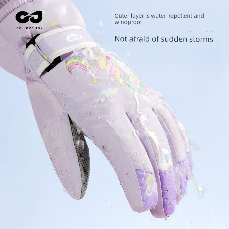 Ski Gloves for Children, Warm Winter Gloves for Boys, Five-Finger Thickened Fleece, Waterproof, Cute Student Gloves for Boys and Girls, Cotton Gloves