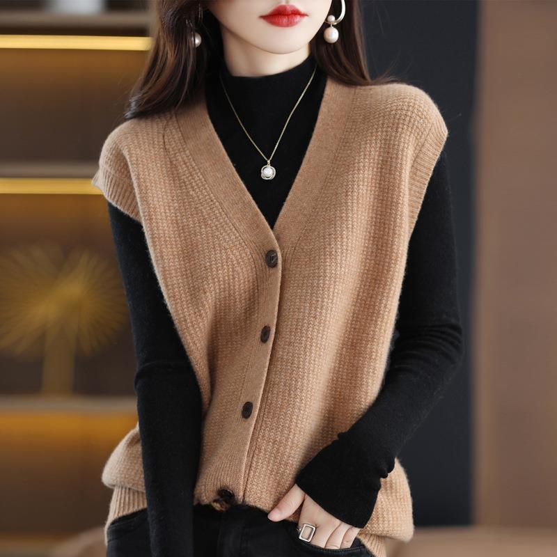 Жилет-свитер с V-образным вырезом на пуговицах спереди, повседневный трикотажный жилет без рукавов для весны и осени, женская одежда