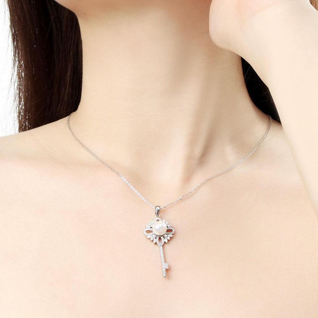 925 Silver Platinum Plated Pearl Key Women's Necklace