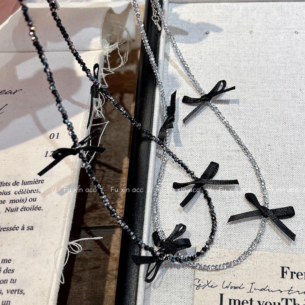 Изысканное ожерелье из хрустальных бусин с бантом из ленты - легкий роскошный стиль из Тондэмуна, Южная Корея