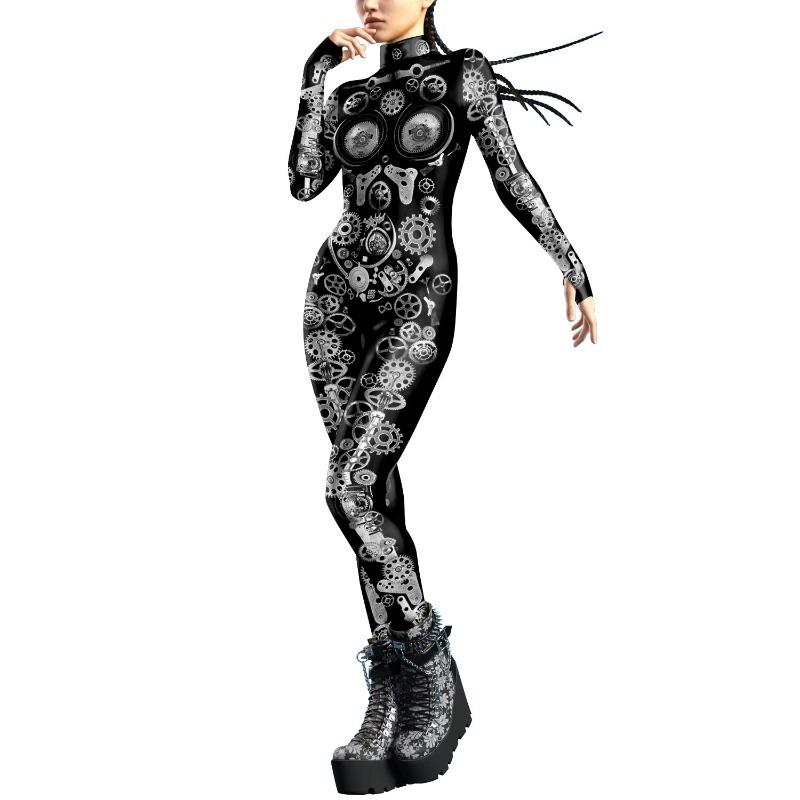 Halloween Costume Clock Gear Digital Printing Steampunk Tights Onesie Woman