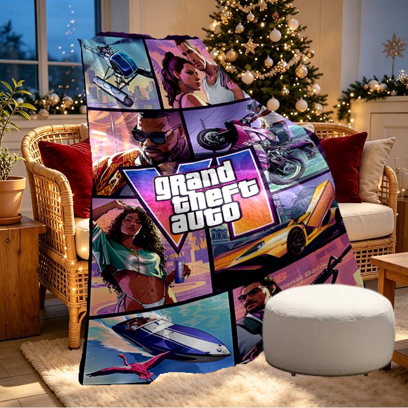 Плед с принтом Grand Theft Auto VI - Мягкий и удобный, для спальни, путешествий, дивана, домашнего декора - Подарок на день рождения, Рождество другу