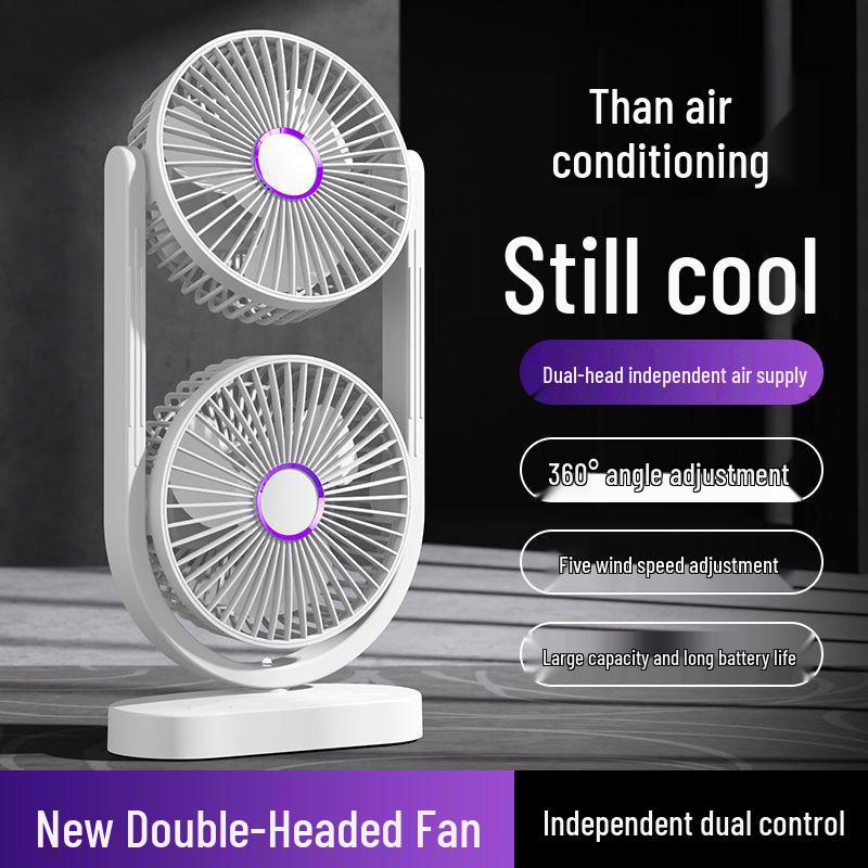 Dual-Head USB Fan with Night Light, Five Speeds & Oscillation for Outdoor Camping