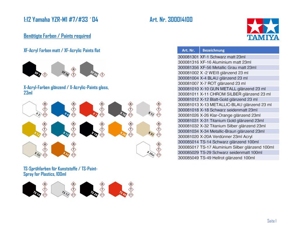 Мотоцикл серии Tamiya Yamaha 04 Пластиковая модель 14100 1/12 №100 YZR-M1 №7/№33