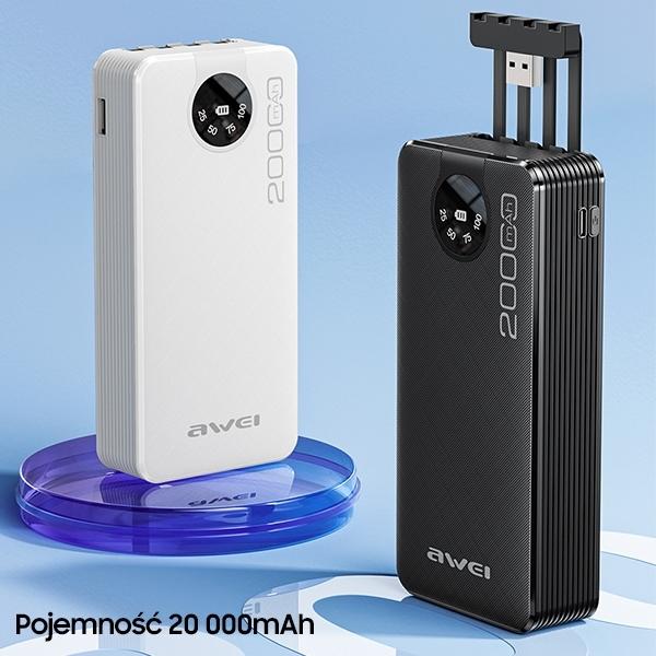 Awei Powerbank P134K 20000Mah Czarny/Black Wyświetlacz + Kable Usb/Pd/Lightning/Microusb