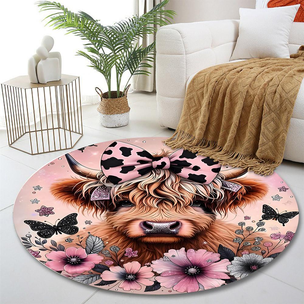 Highland Cow with Pink Bow and Flowers Print round rug, living room, bedroom, playroom carpet, non slip floor mat, gift