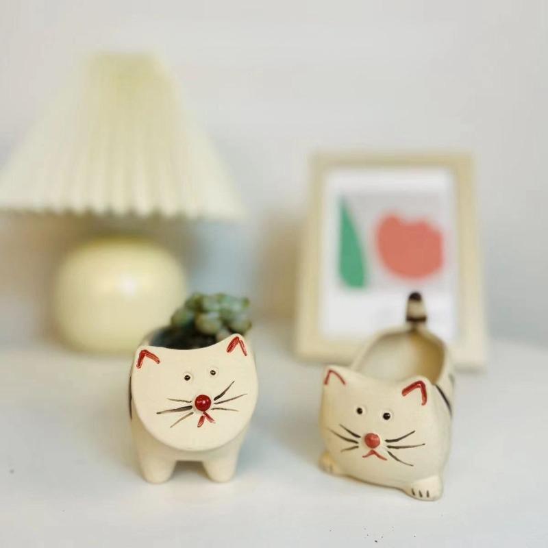 New 2pcs Set Creative Cartoon Cat Succulent Pot Flower Pot Ceramic Plant Pots Hanging Planter Desktop Ornaments Home Decore