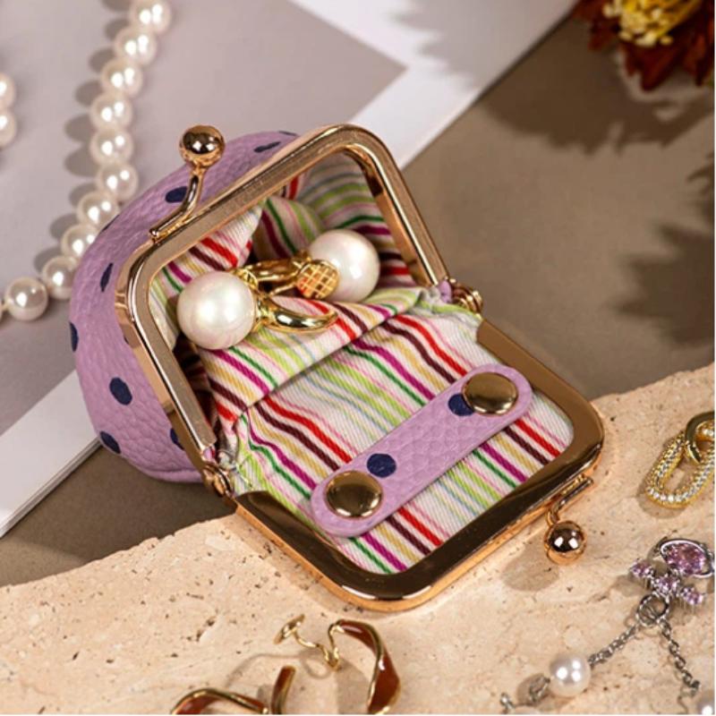 1Pcs Portable Polka Dot Kiss Lock Coin Purse Pu Leather Square Multifunctional Bag For Small Items Jewelry Earrings Storage Box
