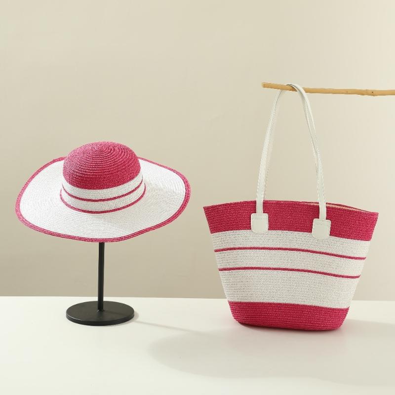 Straw Hat Tote Bag Set Adjustable Wide Brim Sun Hat Sturdy Woven Handbag 2Pcs for Women Outdoor Summer Activities