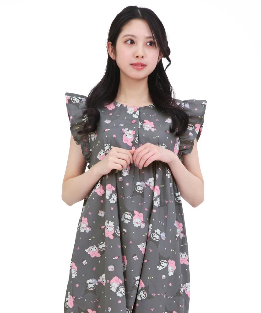 SAZAC Платье-ангел My Melody x Kuromi из хлопка, 100% поплин, женская ночная рубашка/домашняя одежда (Черный/M-L/SAN1948)