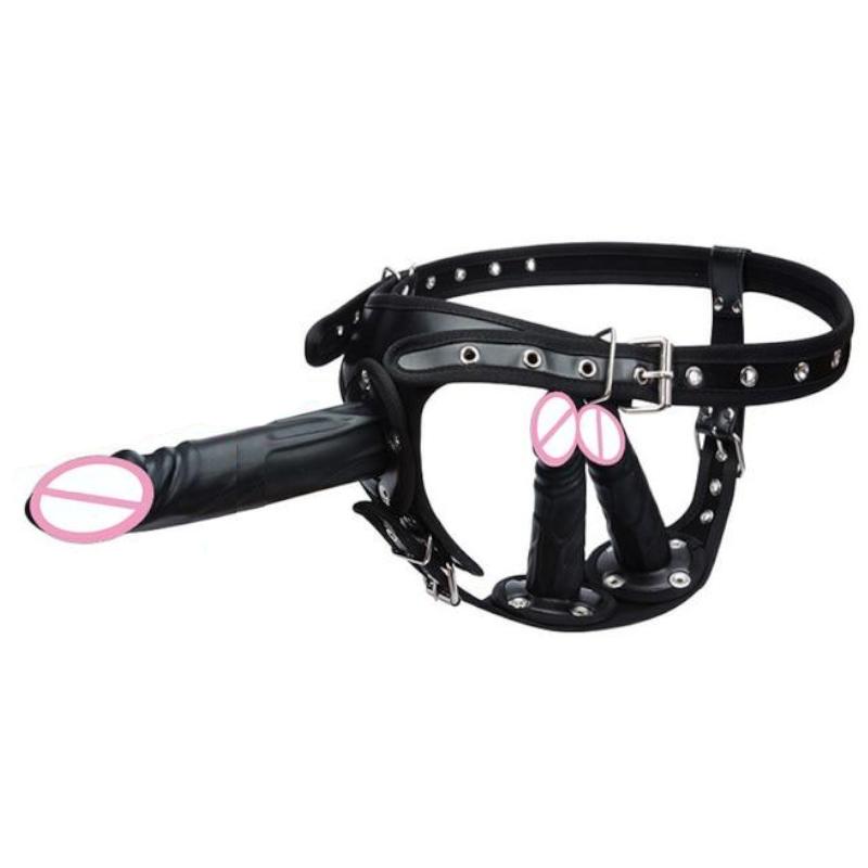 Big Fantasy Harness Triple Dildos Pegging Kit Red Black Strapon Strap Ons