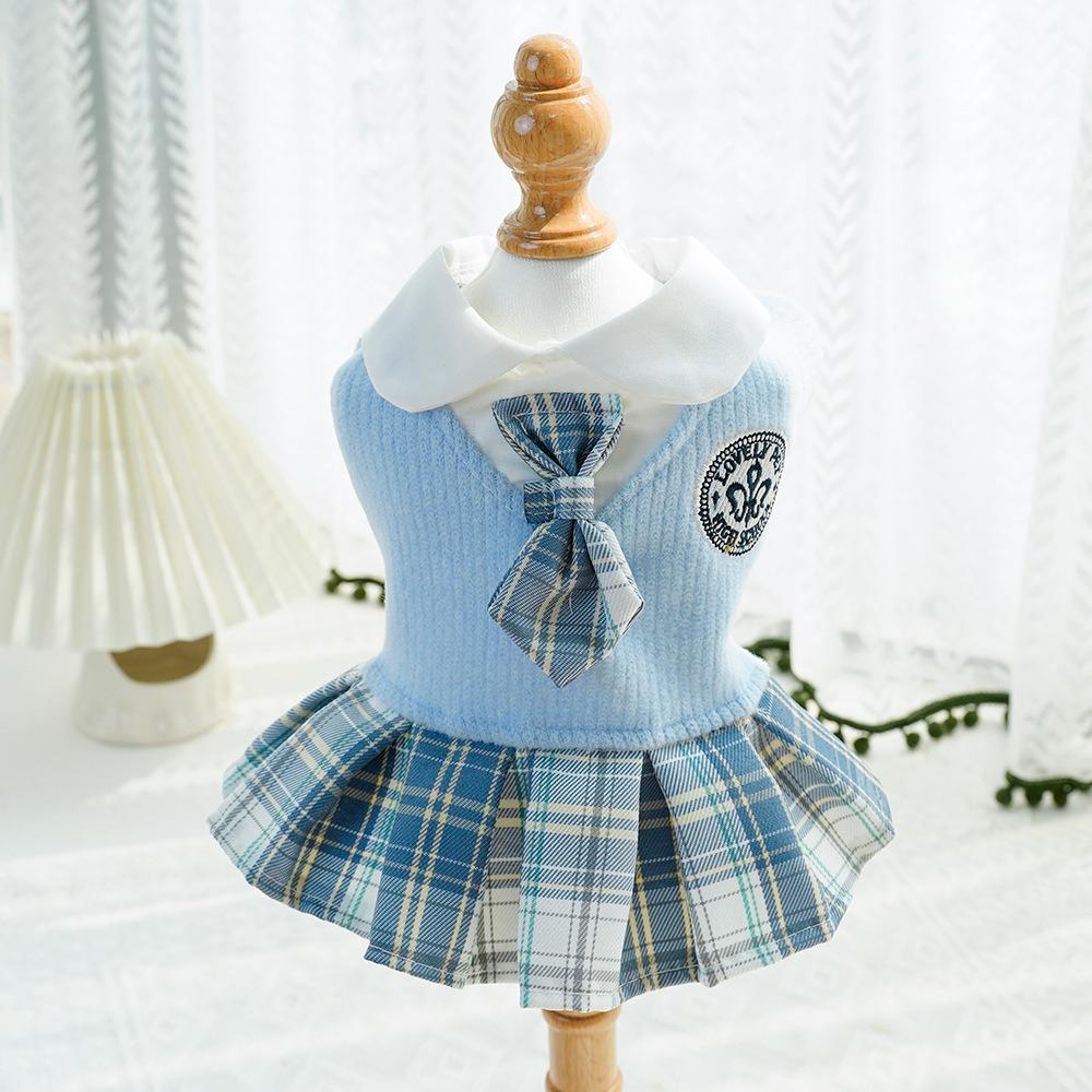 Knitted Cat Clothes Comfortable Design Dog Dress Thicken Pet JK Plaid Skirt  Small Medium Dogs