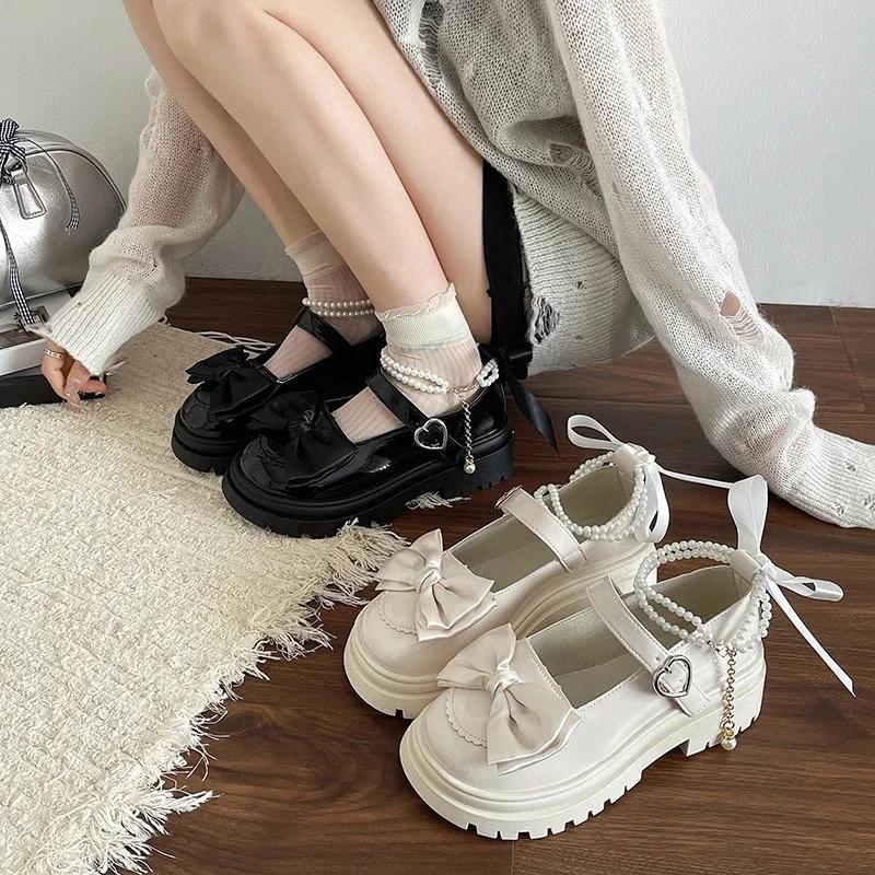 Женская повседневная обувь Новые туфли Kawaii Pearl Chain Mary Jane Женская обувь Модные универсальные мокасины Lolita Сандалии для отдыха на природе