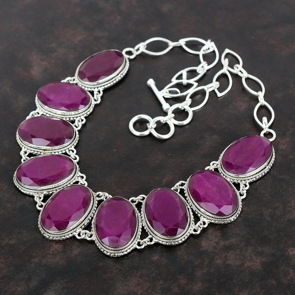Faceted Kashmir Ruby Necklace Gemstone Vintage Necklace 925 Sterling Silver Adjustable Chain Necklace Handmade Elegant Jewelry Wedding Gifts