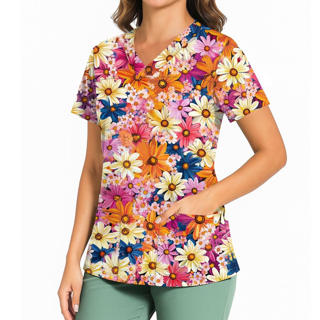 Женский повседневный топ с принтом, V-образным вырезом, карманом, боковым разрезом и короткими рукавами