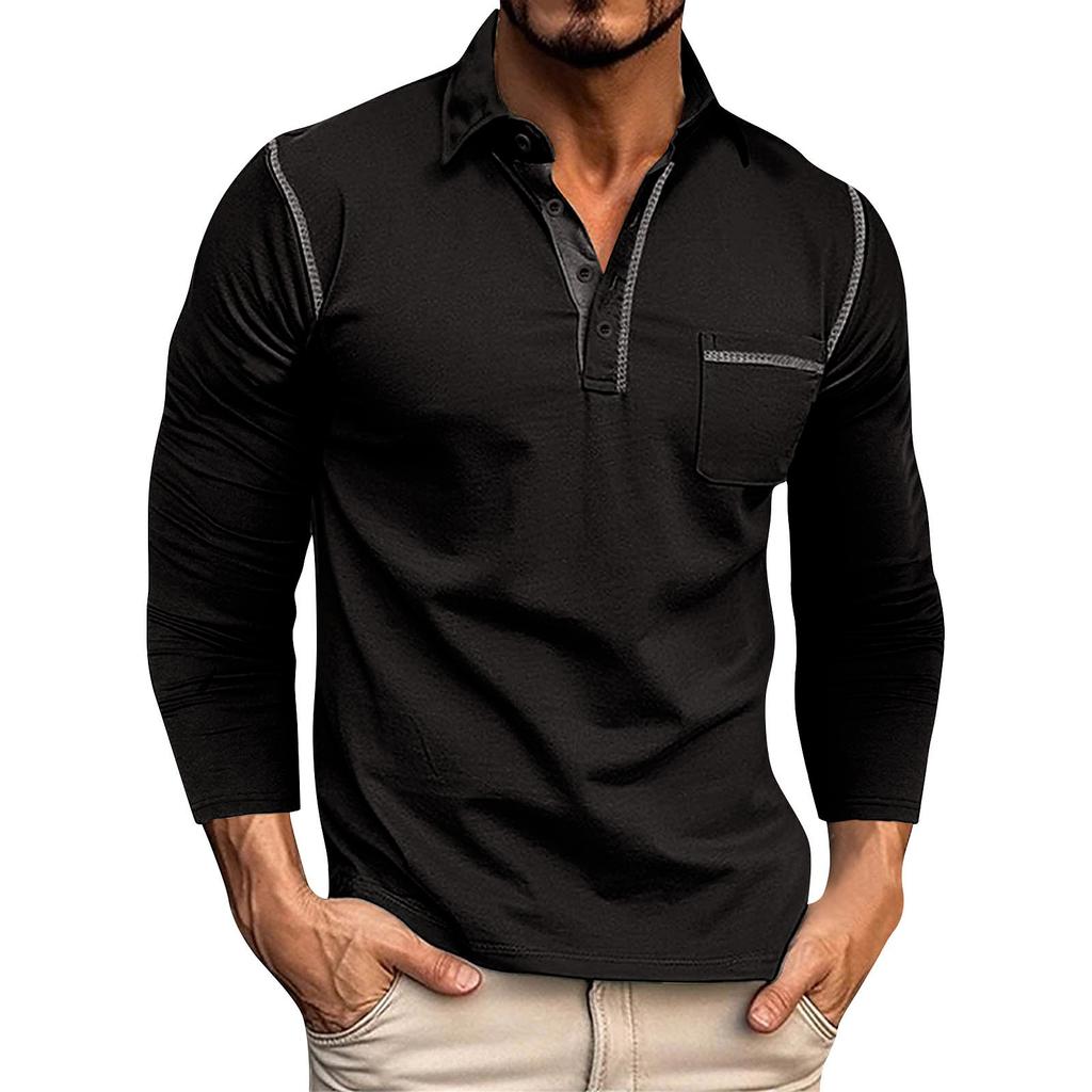 Men's Spring And Autumn Solid Color T-shirt Lapel 3 Button Open Placket Button Long Sleeved Top