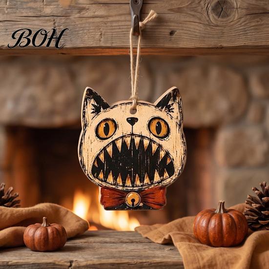 Spooky Fireplace Window Tree Ornaments Vintage Halloween Ornament for Tree, Rustic Acrylic Hanging Pumpkin Black Cat Bat Classic Elements Collection