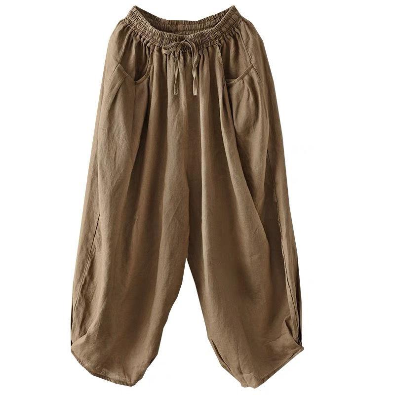 Брюки-фонарики M-XXXL, хлопковые льняные брюки, женские весенне-летние свободные брюки с эластичной резинкой на талии, однотонные повседневные брюки