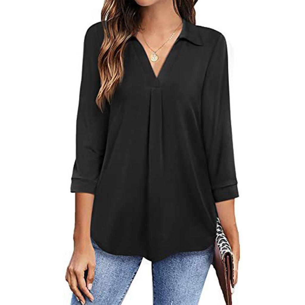 Женская летняя рубашка свободного кроя с V-образным вырезом и рукавом три четверти, однотонная шифоновая рубашка