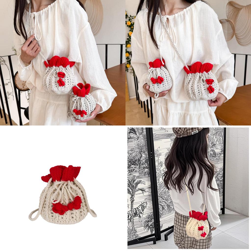 Minimally Woven Crossbody Bag With Flower Appearance And Drawstring Design For Daily Use
