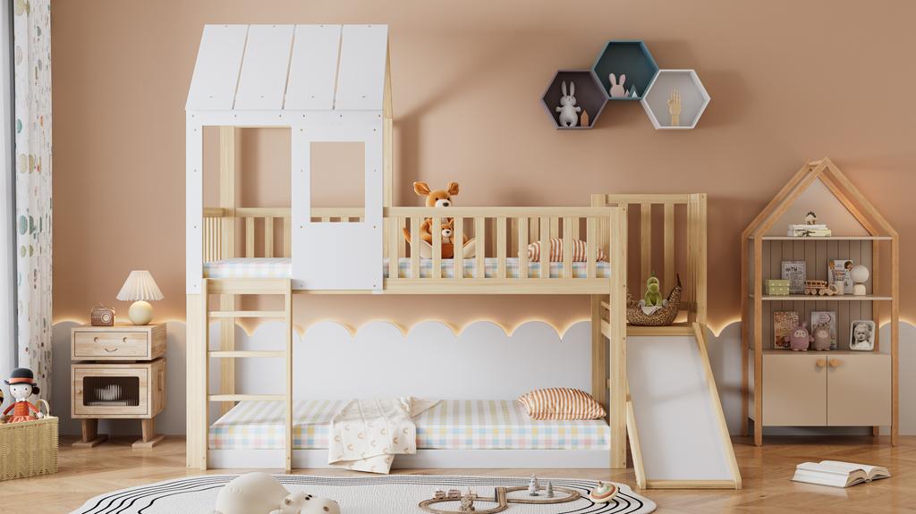 Bunk Bed with Right-Angle Ladder and Slide, with Roof and Window, with Fall Protection and Guardrail, Pine Frame, Natural+White (90x200cm)