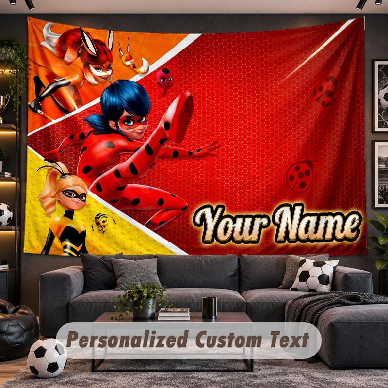 Wall Hanging Tapestry Custom NameMiraculous Ladybug Pattern Personalized Printed Fabric Wall Decor