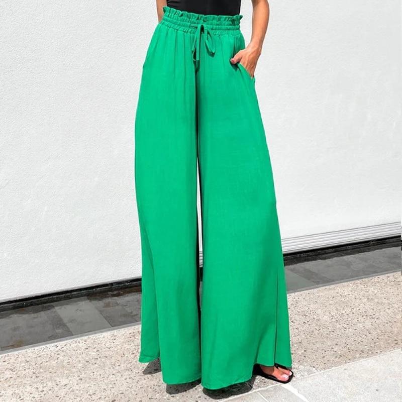 Summer Elastic Waist Edible Tree Fungus Trousers Fashion Loose Pocket Drawstring Pants Casual Solid Green Wide Leg Pants 25550