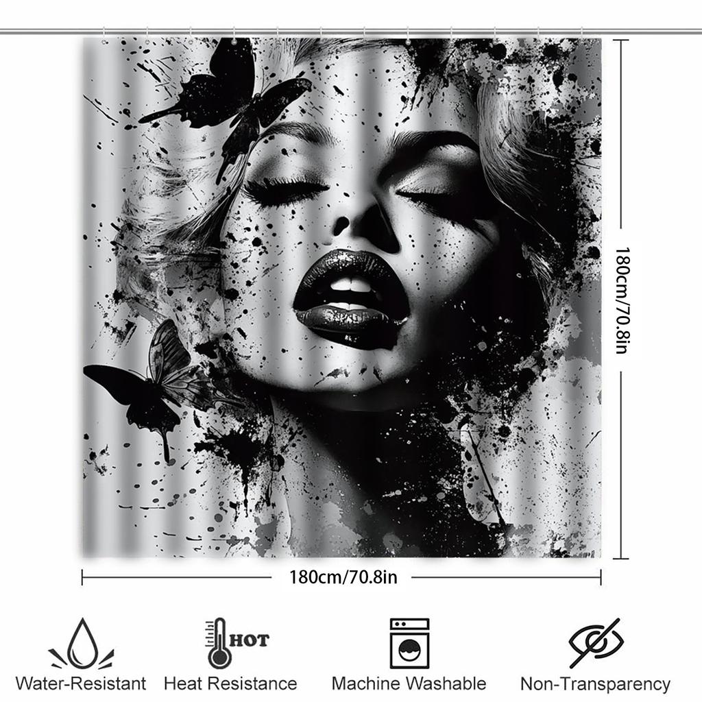 Artistic Female Portrait Shower Curtain Black Ink Splatter Butterflies Bold Design Bathroom Decor 3D Print Waterproof Bath