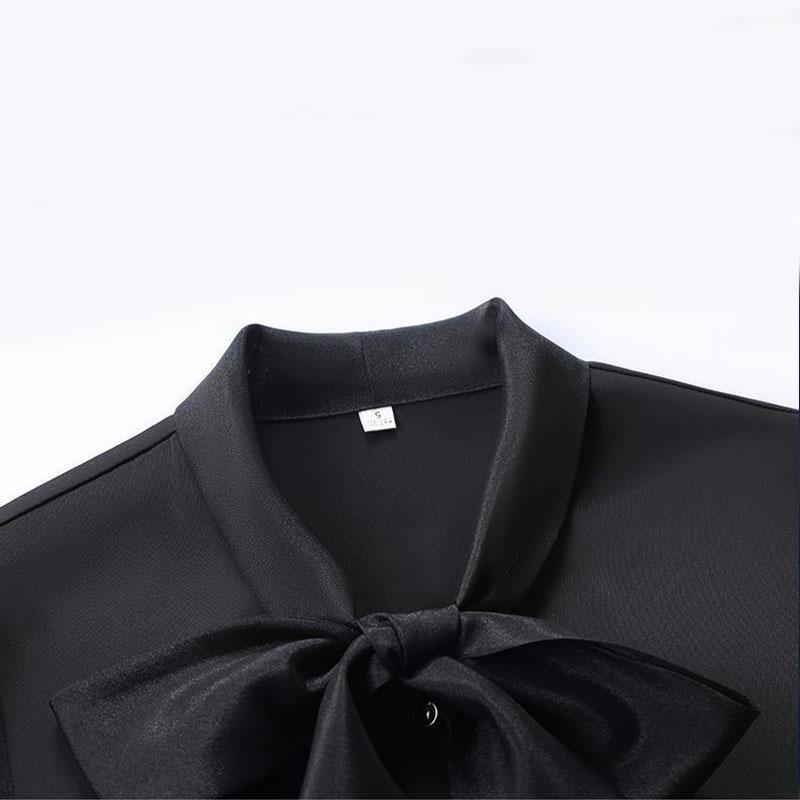 Летняя модная туника, женская блузка, футболки с длинным рукавом, бантом, шифоновым v-образным вырезом, официальные женские белые, черные рубашки, пуловер