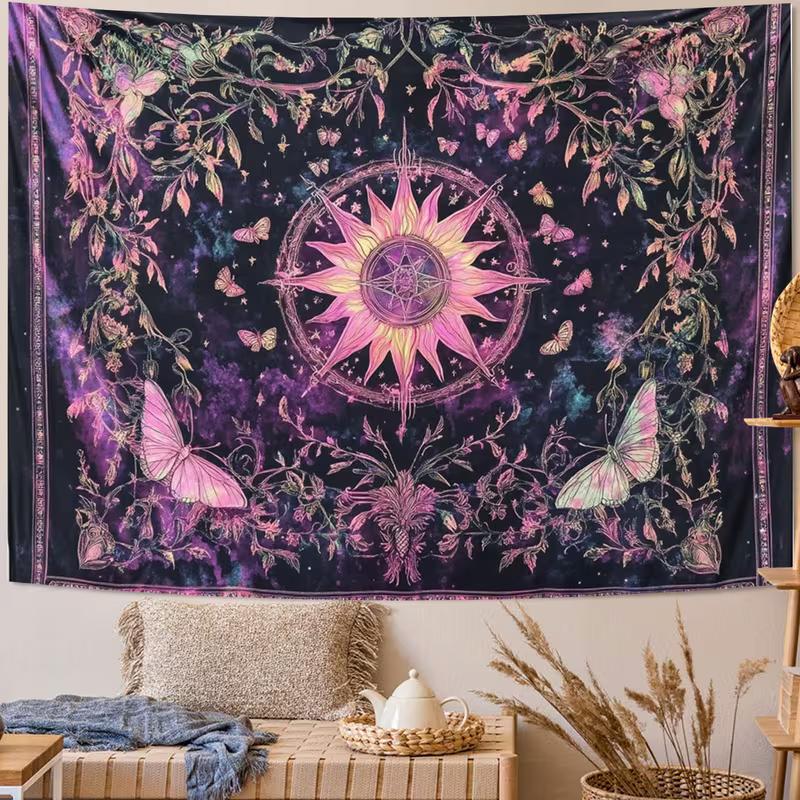 2D Mystical Sun Tapestry with Butterflies & Flowers Aesthetic Home Decor