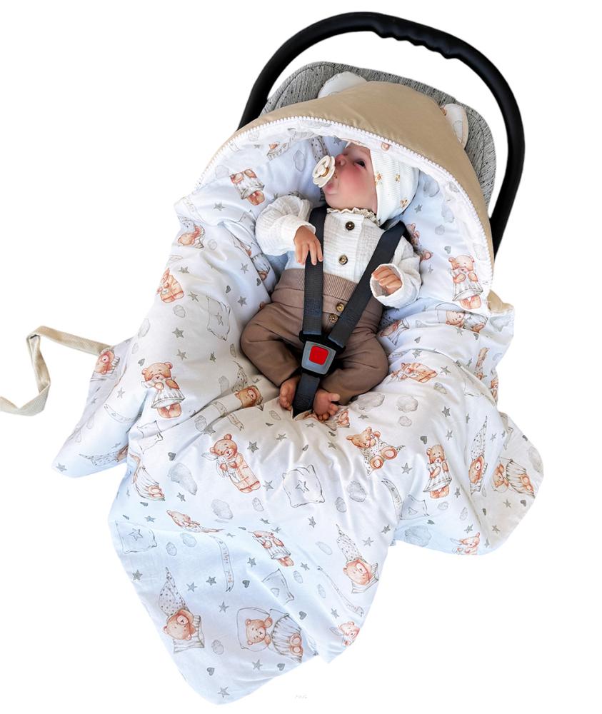 Sleeping bag with hood for car seat, velvet/cotton, 90x90 (beige + good night bears)
