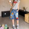 New Women's Retro Denim Shorts: American Burger Fries Towel Style, Creative Commute, Loose Wide-Leg, Five-Point Design