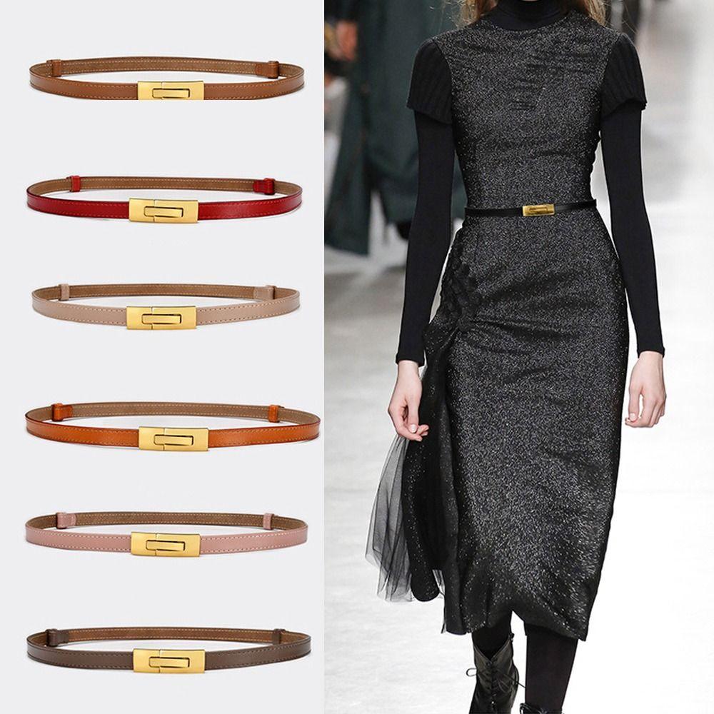 Versatile Thin Waistband Metal Alloy Buckle Waist Strap Casual Cowhide Belt For Women Girls