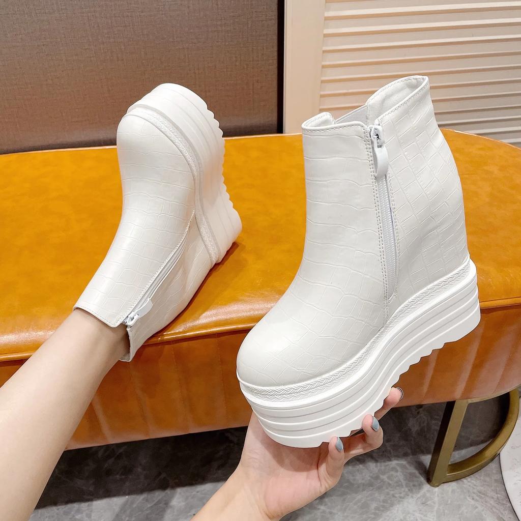 Women's Platform Ankle Boots Wedges Super High Heel Boots 14CM Spring Autumn Thick Bottom White Women's Shoes Casual Short Botas