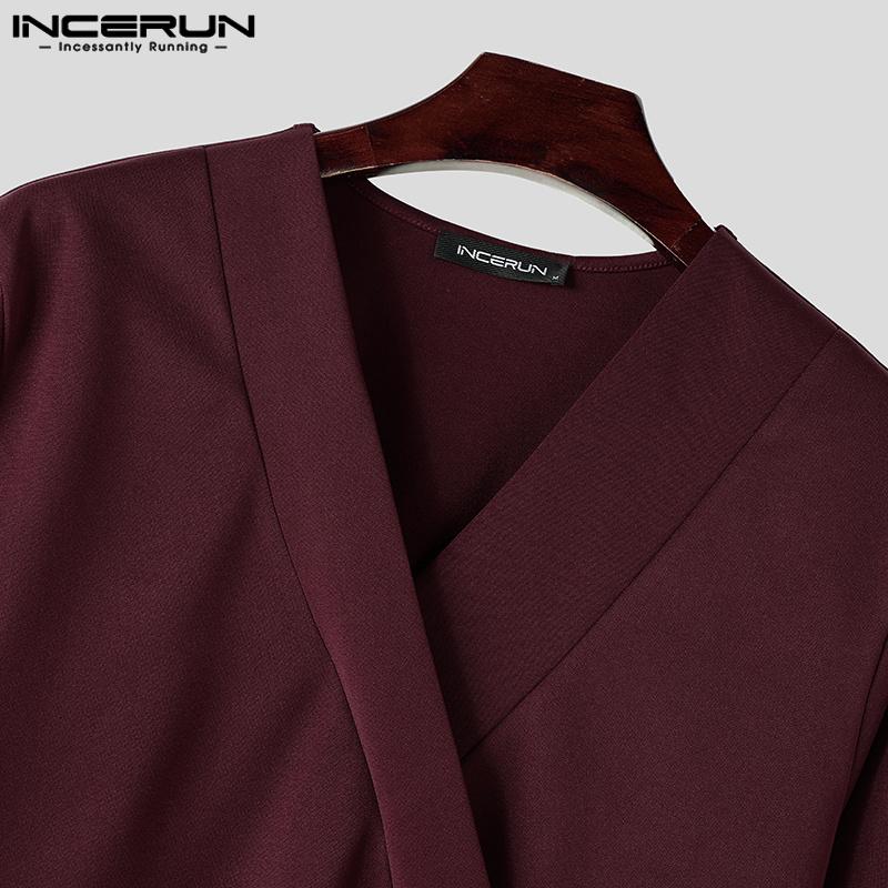 INCERUN Men V Neck Long Sleeve Open Front Tops Casual Slim Waist Pullovers