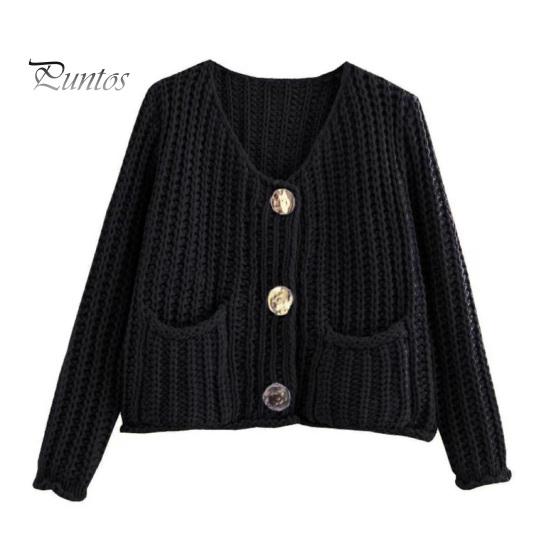 Вязаный укороченный кардиган, свитер с V-образным вырезом, длинным рукавом, на пуговицах, свободный крой, свитер, пальто с карманами, однотонный трикотаж