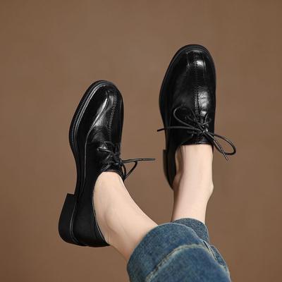 Новые женские туфли на низком каблуке, одинарные, на шнуровке, на плоской подошве, с круглым носком, черные, из маленькой кожи, удобные, на толстой подошве, нескользящие, женские sing на четыре сезона